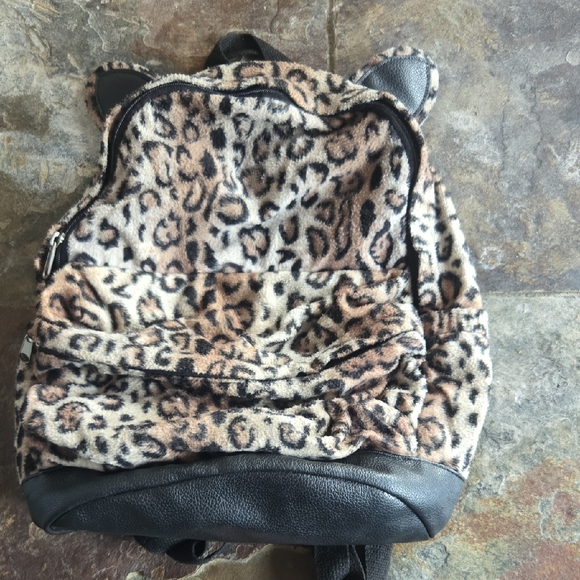 Handbags - Leopard Print Backpack with Black Accents